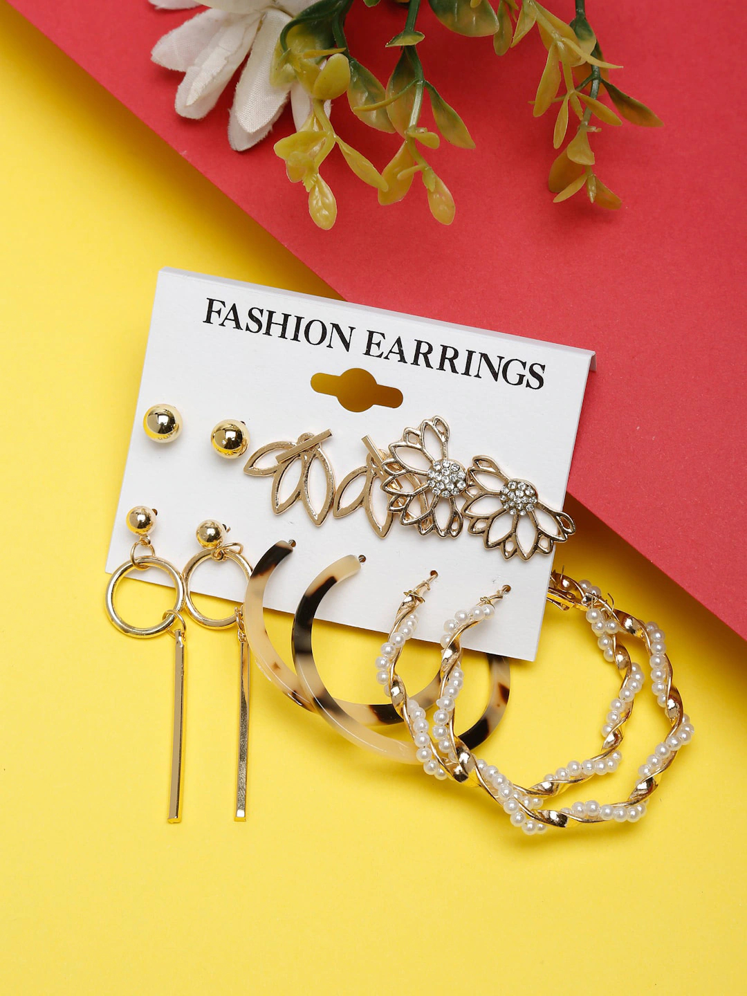 Woman Set of 6 Gold-Toned Contemporary Studs Earrings